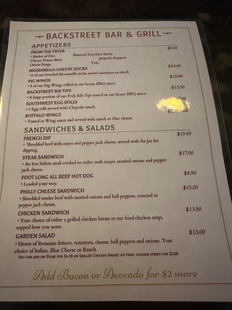 Backstreet Bar & Grill Menu image 1